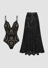 Floral Laser-Cut Hollow One-Piece Swimsuit with Skirt