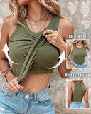 Tank Top with Built in Bra, Round Neck Ribbed Tank Top with Bra Pads