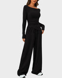 Long Sleeve Tee & Wide Leg Pants 2 Piece Lounge Set