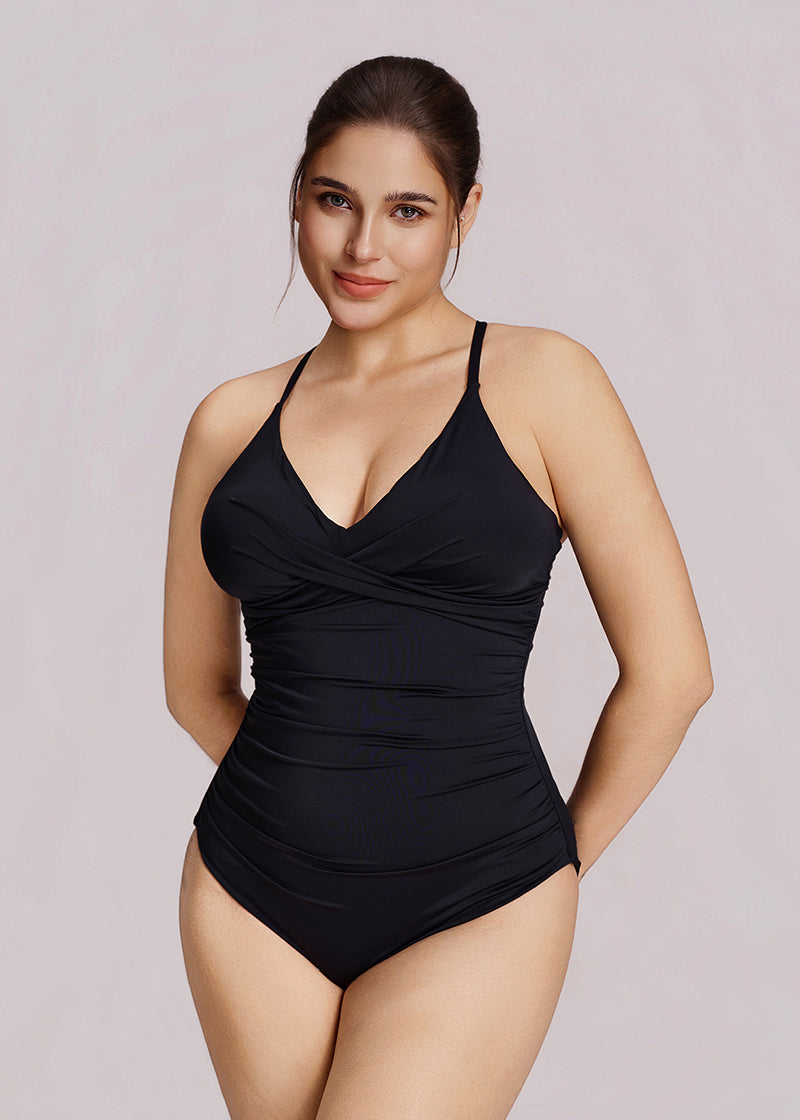 Sculpting Ruched Cross-Front One-Piece Swimsuit