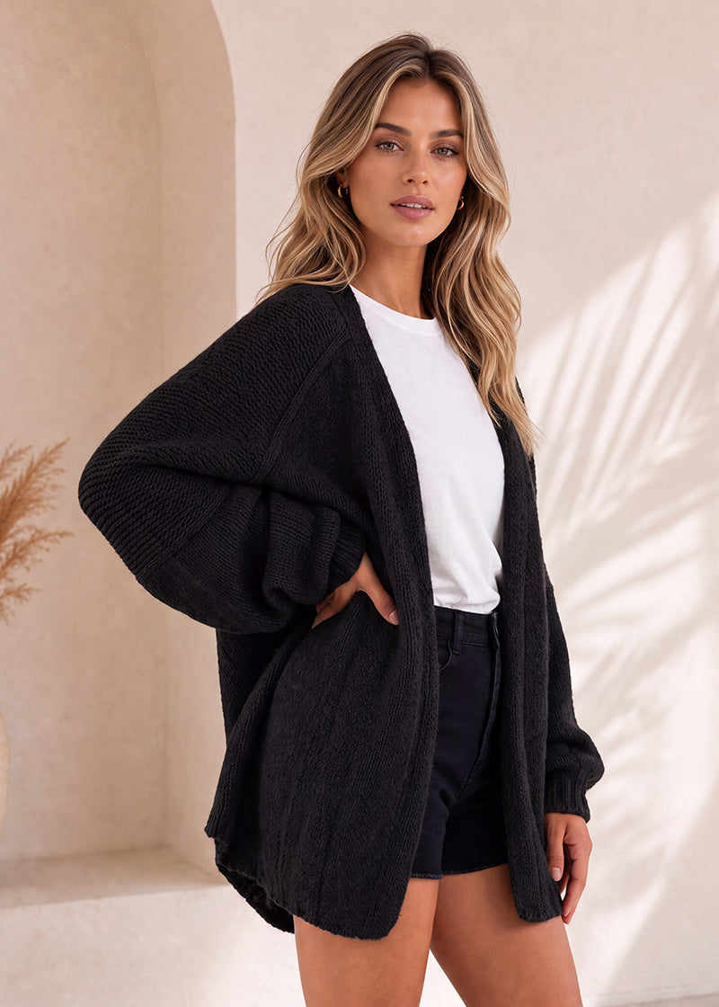 Oversized Open-Front Lantern Sleeve Knit Cardigan