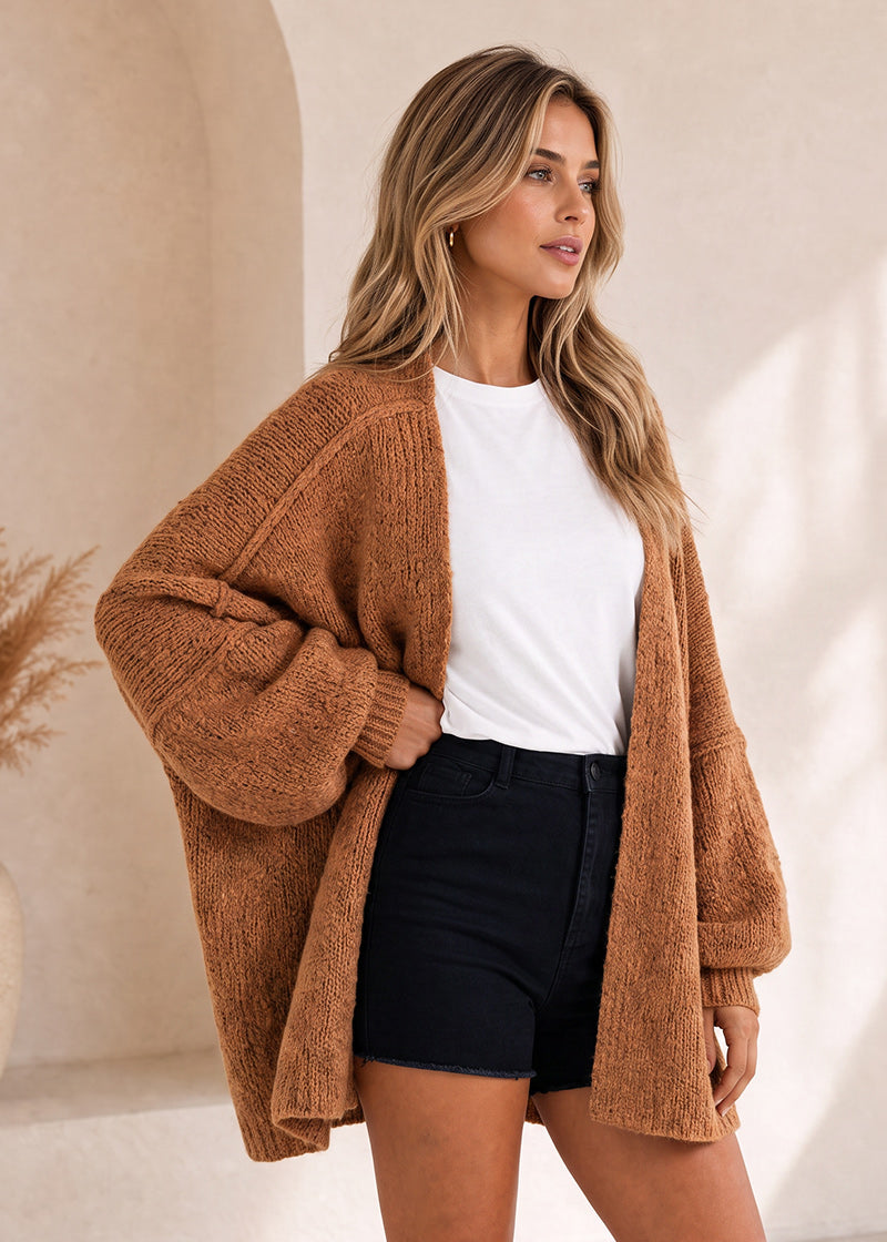 Oversized Open-Front Lantern Sleeve Knit Cardigan