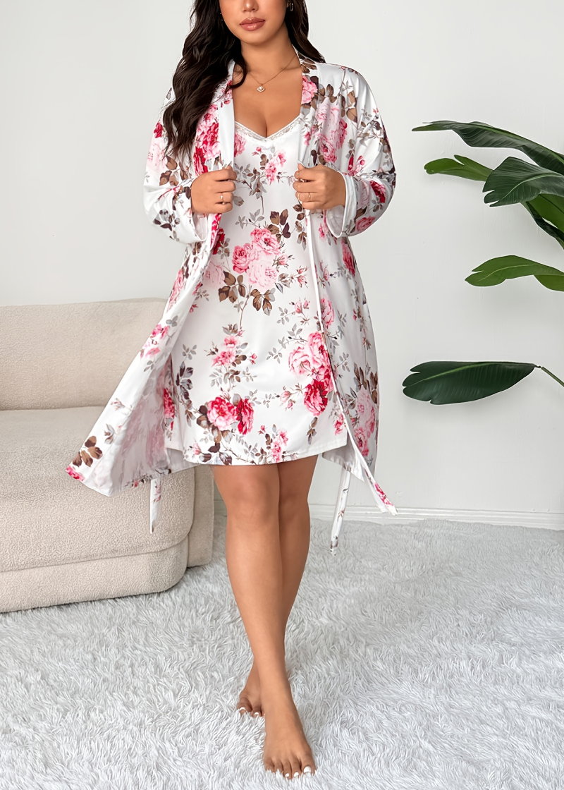 Comfy Vintage Floral Print 2-Piece Pajama Set – Robe & Dress
