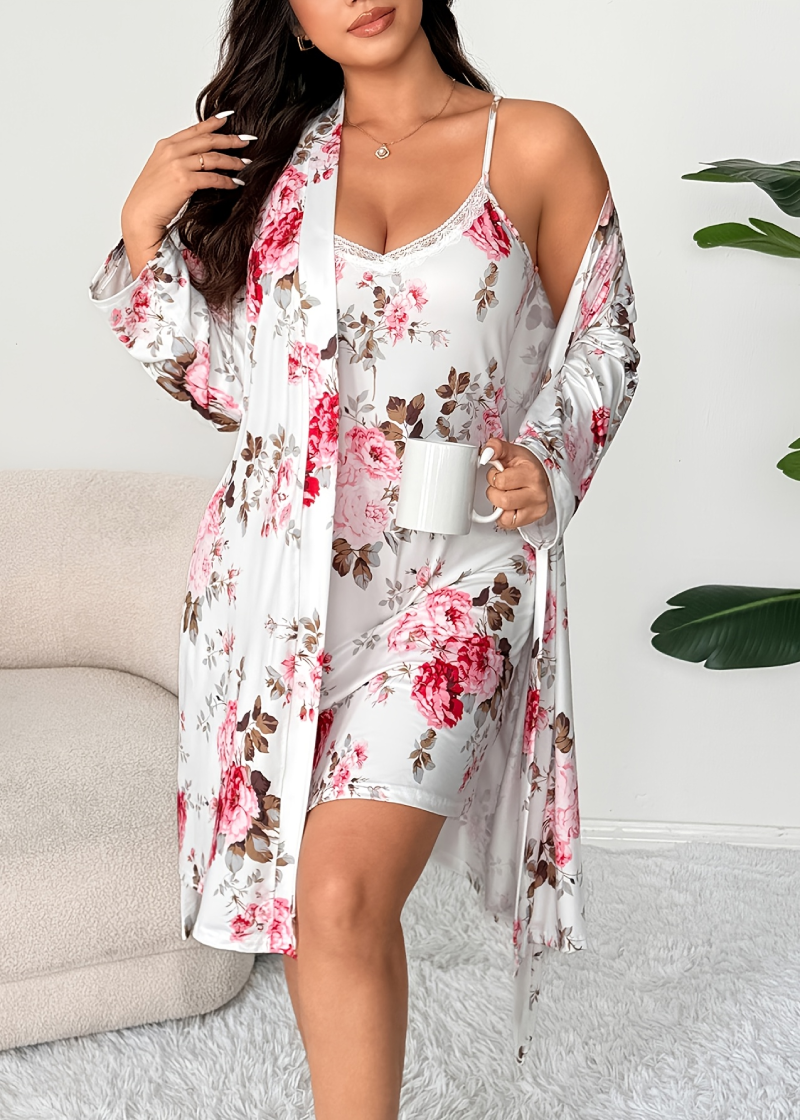 Comfy Vintage Floral Print 2-Piece Pajama Set – Robe & Dress