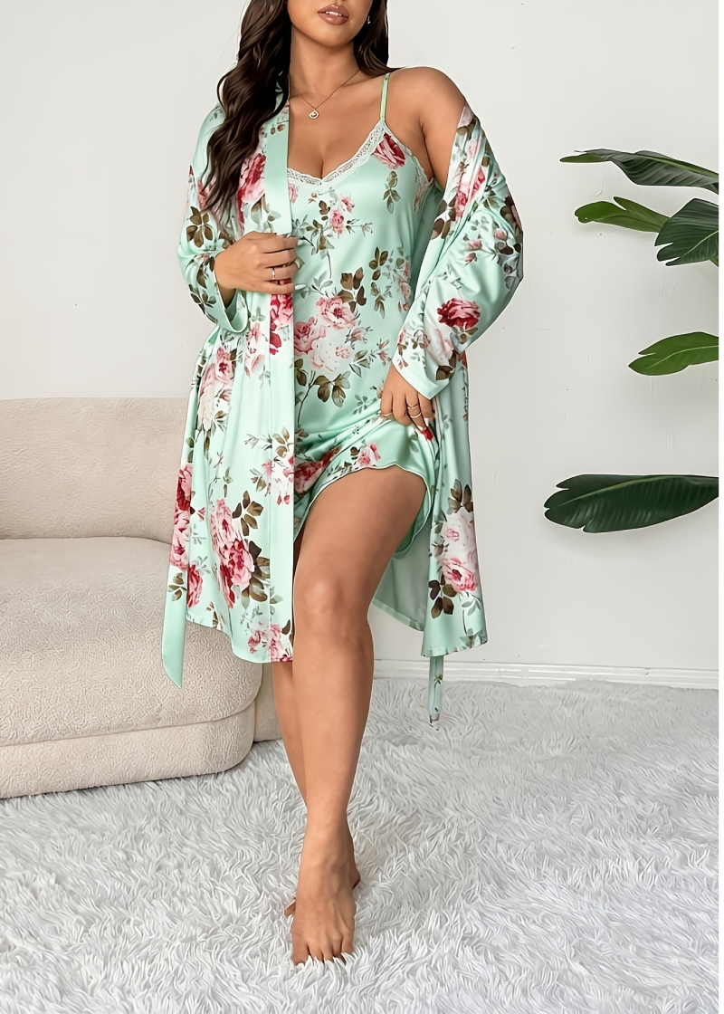 Comfy Vintage Floral Print 2-Piece Pajama Set – Robe & Dress