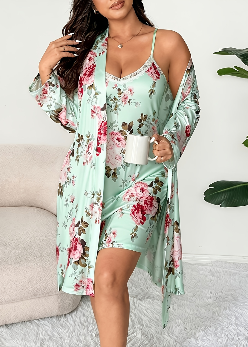 Comfy Vintage Floral Print 2-Piece Pajama Set – Robe & Dress
