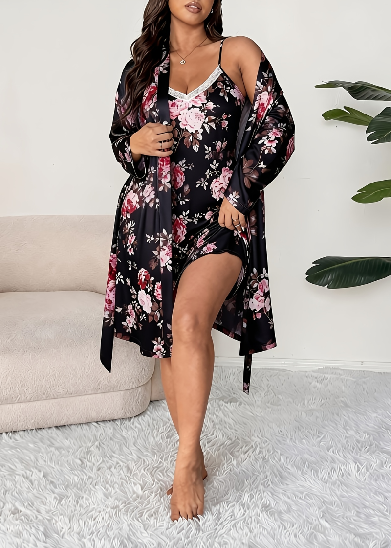 Comfy Vintage Floral Print 2-Piece Pajama Set – Robe & Dress